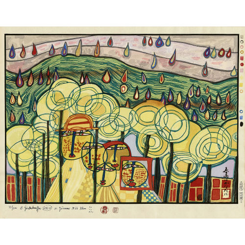 FRIEDENSREICH HUNDERTWASSER : 'The rain falls far from us' (DOBIASCHOFSKY AUKTIONEN AG)