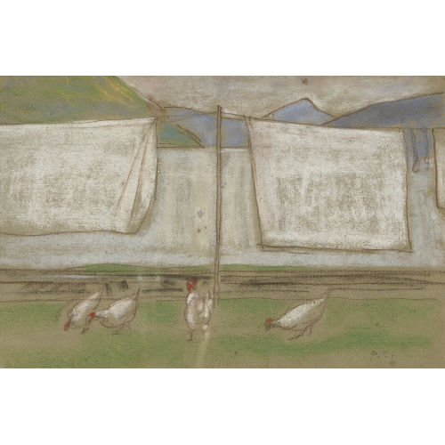 PIETRO CHIESA : W�sche an W�scheleine und pickende H�hner (DOBIASCHOFSKY AUKTIONEN AG)