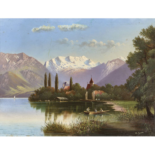 RUDOLF EMANUEL ALBERT IMMER : Schloss Schadau mit Scherzliger Kirche und Bl�emlisalp (DOBIASCHOFSKY AUKTIONEN AG)