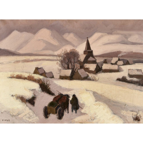 JULES �MILE ZINGG : Winterlandschaft mit Fuhrwerk, Dorf und Kirche (DOBIASCHOFSKY AUKTIONEN AG)