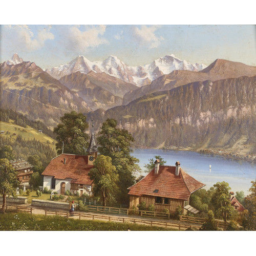 GOTTFRIED STURY : Die Kirche von Beatenberg mit Eiger, M�nch und Jungfrau (DOBIASCHOFSKY AUKTIONEN AG)