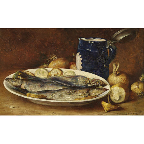 KARL BERCKMANS : Stillleben mit Fisch, Zitronen, Zwiebeln und Deckelkrug (DOBIASCHOFSKY AUKTIONEN AG)