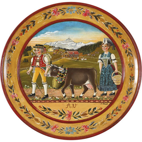 ERICH STAUB : Appenzeller Trachtenpaar mit Kalb vor S�ntislandschaft (DOBIASCHOFSKY AUKTIONEN AG)