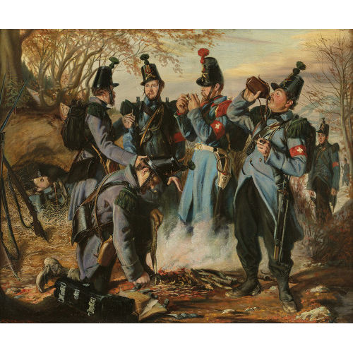 FRIEDRICH JOHANN JAKOB WALTHARD : Schweizer Soldaten am Lagerfeuer (DOBIASCHOFSKY AUKTIONEN AG)