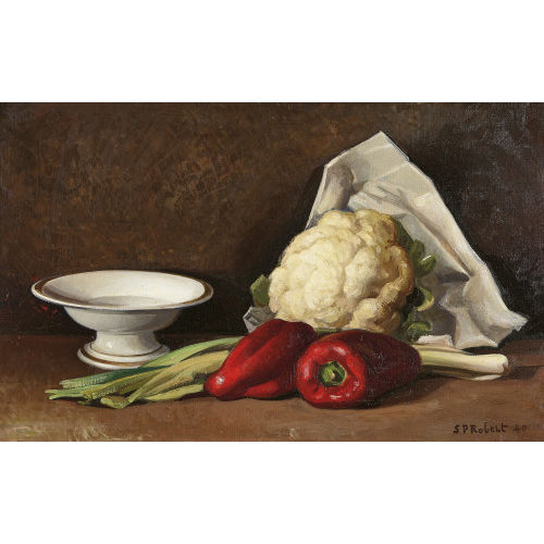 STEVEN-PAUL ROBERT : Stillleben mit Peperoni, Blumenkohl, Lauch und Presentoir (DOBIASCHOFSKY AUKTIONEN AG)