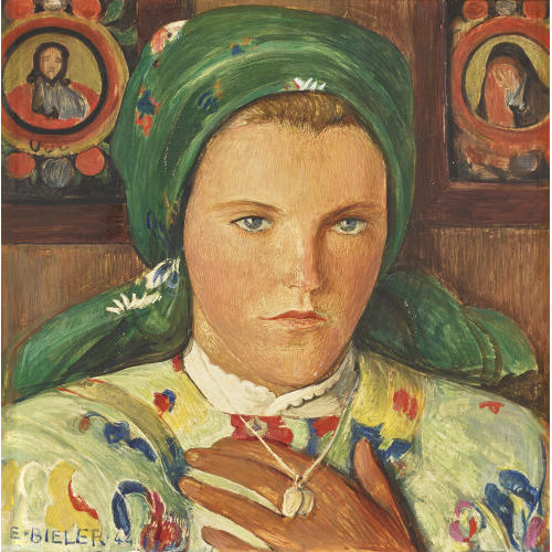 ERNEST BI�LER : Portrait de jeune valaisanne au foulard et au collier (DOBIASCHOFSKY AUKTIONEN AG)