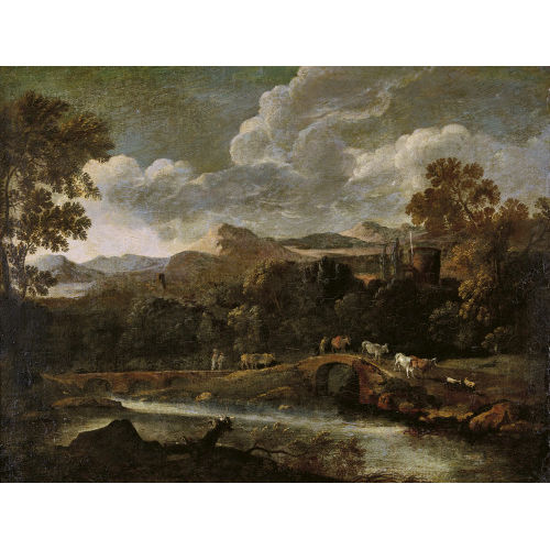 18. JH. ITALIEN : Idyllische Landschaft mit Flussbr�cken und Viehherde (DOBIASCHOFSKY AUKTIONEN AG)