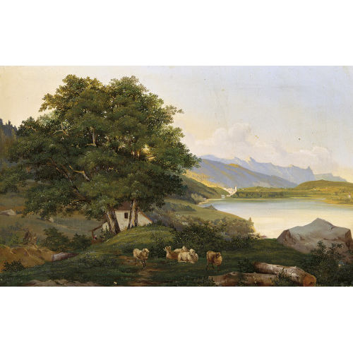 19. JH. SCHWEIZ : Seelandschaft mit Schafherde (DOBIASCHOFSKY AUKTIONEN AG)