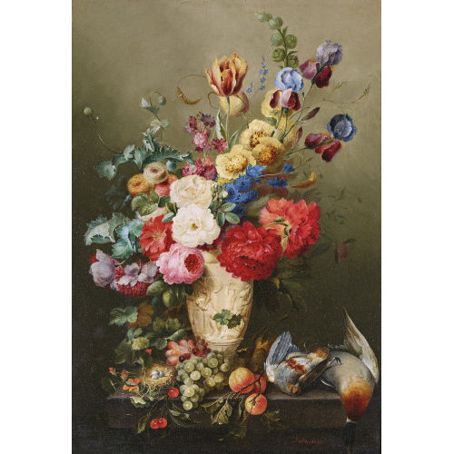 J. DUSSAERT : Allegorie der Vier Jahreszeiten mit Gelege im Vogelnest, Blumenstrauss, Trauben und erlegten V�geln (DOBIASCHOFSKY AUKTIONEN AG)
