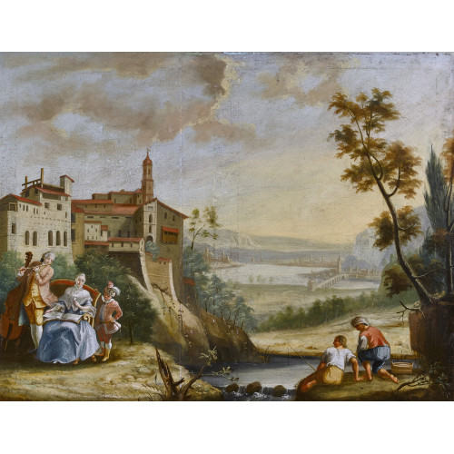 18. JH. NEAPOLITANISCHE SCHULE : Weite Landschaft mit vornehmer Gesellschaft und Anglern (DOBIASCHOFSKY AUKTIONEN AG)
