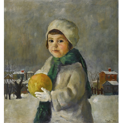 LIPOT GED� : M�dchen mit gelbem Ball vor Winterlandschaft (DOBIASCHOFSKY AUKTIONEN AG)