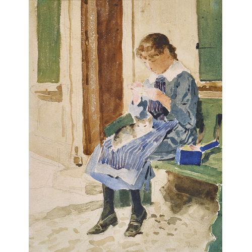 ALBERT ANKER : 'Vor dem Anker-Haus: Ccile Anker mit Katze' (DOBIASCHOFSKY AUKTIONEN AG)