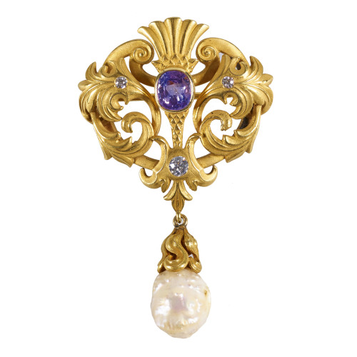PERLEN-SAPHIR-DIAMANT-BROSCHE : (DOBIASCHOFSKY AUKTIONEN AG)