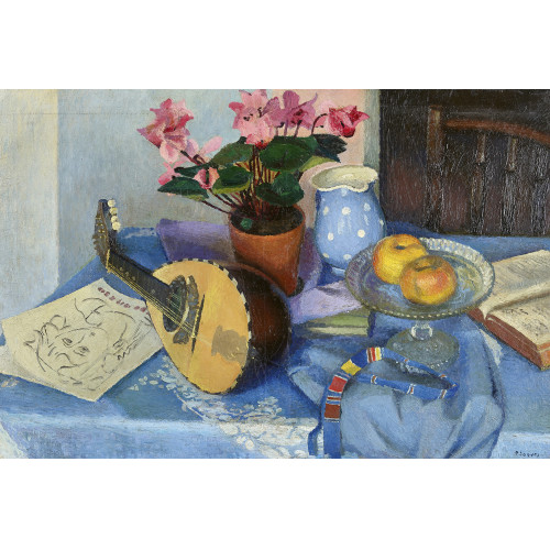 PIERRE JAQUES : Tischstillleben mit Mandoline, Zyklamen und �pfeln (DOBIASCHOFSKY AUKTIONEN AG)