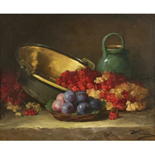 ALFRED ARTHUR BRUNEL DE NEUVILLE : Stillleben mit Johannisbeeren, Messingschale und B�gelkrug (DOBIASCHOFSKY AUKTIONEN AG)