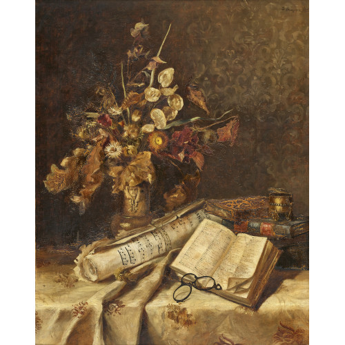 IRENE STOEGMANN-BOHRN : Stillleben mit Buch, Zwicker, Notenbl�ttern und Trockenblumen (DOBIASCHOFSKY AUKTIONEN AG)