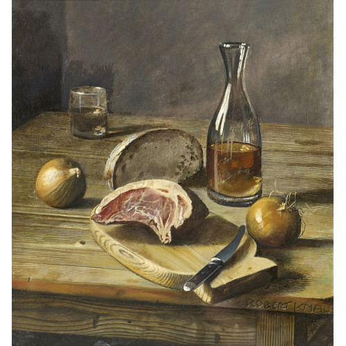 ROBERT KNAUS : Stillleben mit Brot, Schinken, Zwiebeln und Karaffe (DOBIASCHOFSKY AUKTIONEN AG)