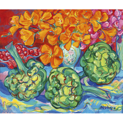 ROLF D�RIG : Stillleben mit Artischocken, Kirschen und Blumen in Vase (DOBIASCHOFSKY AUKTIONEN AG)