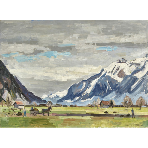 ALBERT NEUENSCHWANDER : Weites Bergtal mit Bauern bei der Ernte (DOBIASCHOFSKY AUKTIONEN AG)