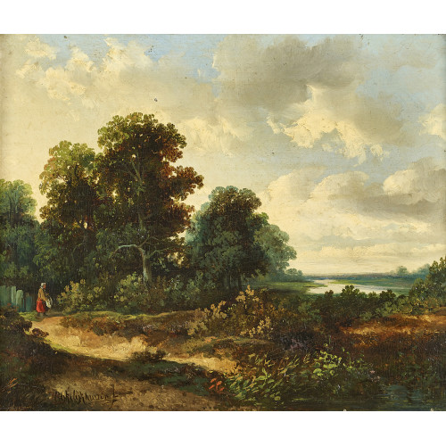 HERMANUS JAN HENDRIK RIJKELIJKHUIZEN : Baumbestandene Flusslandschaft mit Figurenstaffage (DOBIASCHOFSKY AUKTIONEN AG)