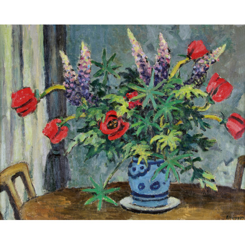 ARNOLD BR�GGER : Stillleben mit Tulpen und Lupinen in Westerw�lder Topf (DOBIASCHOFSKY AUKTIONEN AG)