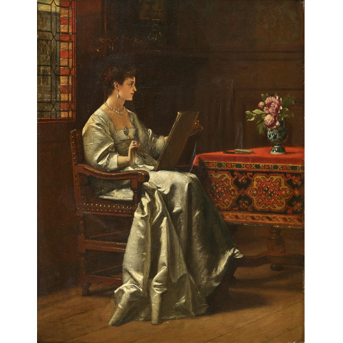 CHARLES FRAN�OIS P�CRUS : Elegante Dame beim Malen eines Blumenstilllebens (DOBIASCHOFSKY AUKTIONEN AG)