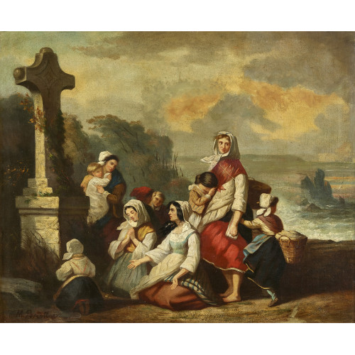 19. JH. ITALIEN : Frauen mit Kindern bei der Andacht vor einem Steinkreuz (DOBIASCHOFSKY AUKTIONEN AG)