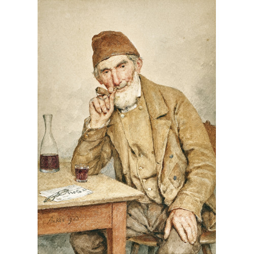ALBERT ANKER : Sitzender Mann mit Pfeife und Glas am Tisch (DOBIASCHOFSKY AUKTIONEN AG)