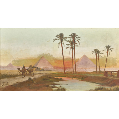 TONY BINDER : �gypter mit Kamelen vor den Pyramiden von Gizeh (DOBIASCHOFSKY AUKTIONEN AG)