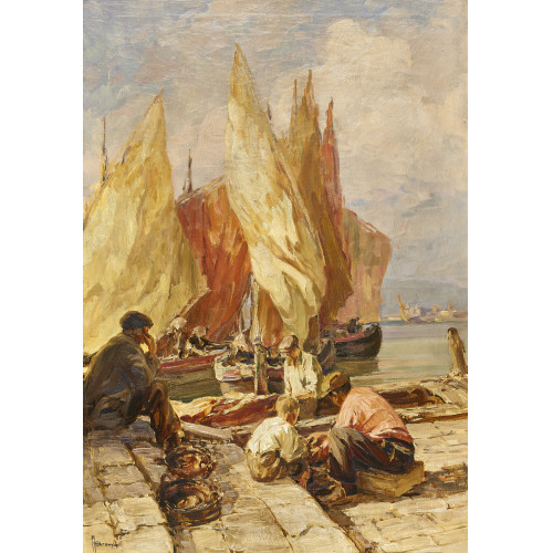 ANGELO BROMBO : Sitzende Fischer am Ufer (DOBIASCHOFSKY AUKTIONEN AG)