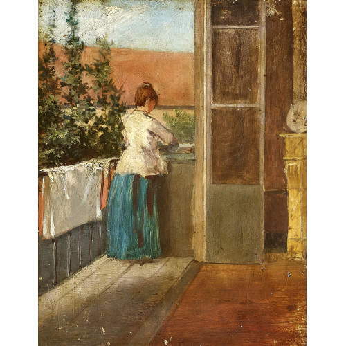 19./20. JH. FRANKREICH : Dame beim Aufh�ngen der W�sche auf dem Balkon (DOBIASCHOFSKY AUKTIONEN AG)