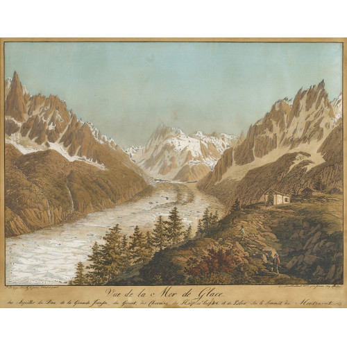 JEAN-PHILIPPE LINCK : 'Vue de la Mer de Glace, des Aiguilles du Dru, de la Grande Forasse, du geant, des Charmios, des Hospices Lesporte et de Blair, sur le du Sommet du Montanvert' (DOBIASCHOFSKY AUKTIONEN AG)