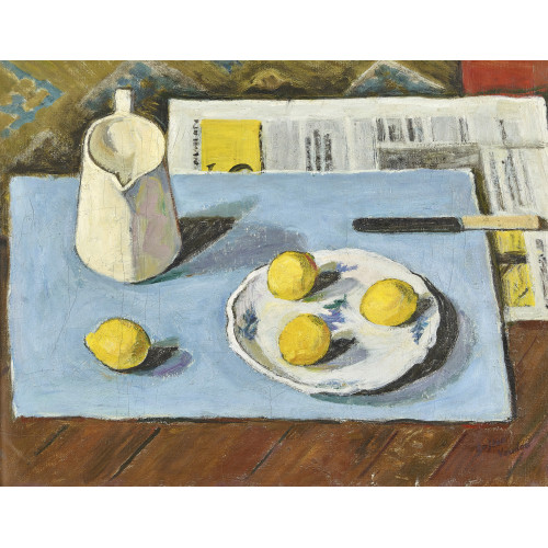 GASTON VAUDOU : 'Pot blanc, citrons, assiette et papier bleu' (DOBIASCHOFSKY AUKTIONEN AG)