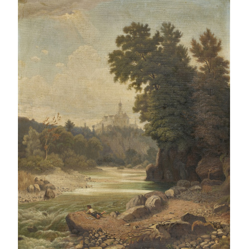 JOST SCHNYDER VON WARTENSEE : Kleine Emme mit jugendlichem Angler und Kloster Werthenstein (DOBIASCHOFSKY AUKTIONEN AG)