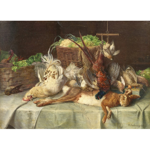 XAVER SCHWEGLER : K�chenstillleben mit Gem�sek�rben und erlegtem Kleinvieh (DOBIASCHOFSKY AUKTIONEN AG)