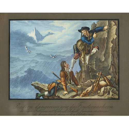 JOHANN PETER LAMY : 'Position dangereuse prs du Finsteraarhorn de Jean Fellmann et Gabriel Schilt, fameux chasseurs de bouquetins et chamois le 14 Octobre 1822' (DOBIASCHOFSKY AUKTIONEN AG)