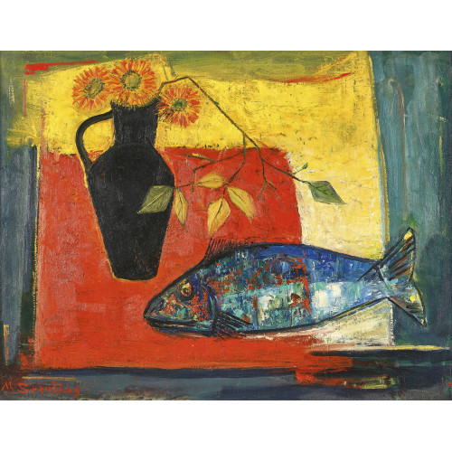 MARC STERLING : 'Vase noir et poisson bleu sur table rouge' (DOBIASCHOFSKY AUKTIONEN AG)