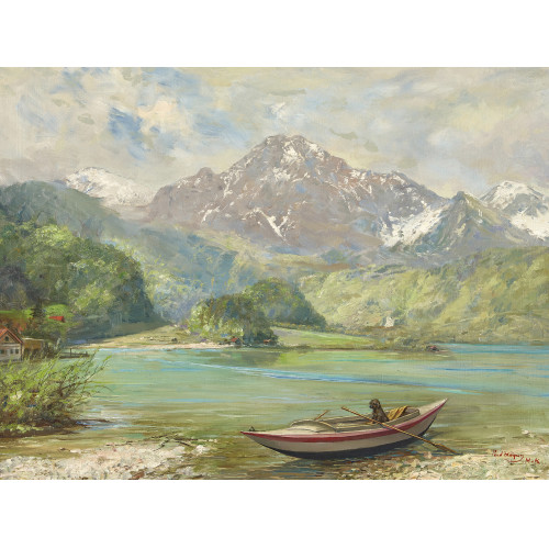 PAUL HERMANN WAGNER : Bergsee mit Hund im Ruderboot (DOBIASCHOFSKY AUKTIONEN AG)