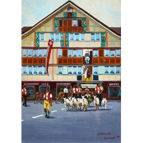 FEDERICO STARNONE : Bauern mit Ziegen und K�hen vor dem Hotel Appenzell am Landsgemeindeplatz in Appenzell (DOBIASCHOFSKY AUKTIONEN AG)