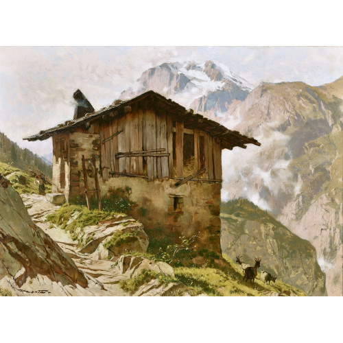 �DOUARD JOHN (AUCH MENTA) MENTHA : Bergh�tte mit Ziegen und B�uerin (DOBIASCHOFSKY AUKTIONEN AG)