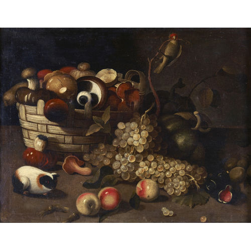 JAQUES VAN DE (GEN. GIACOMO DA CASTELLO) KERCKHOVEN : Stillleben mit Obst, Pilzen, Vogel und Meerschweinchen (DOBIASCHOFSKY AUKTIONEN AG)