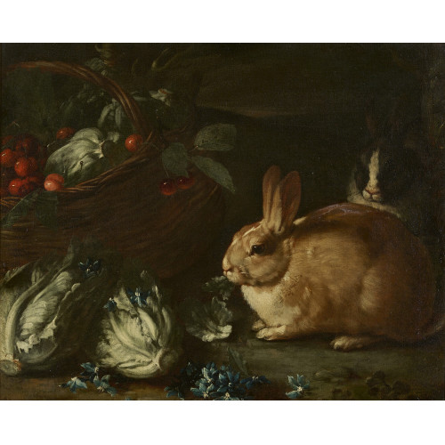 GIOVANNI AGOSTINO CASSANA : Stillleben mit Kohl, Kirschen und Kaninchenpaar (DOBIASCHOFSKY AUKTIONEN AG)