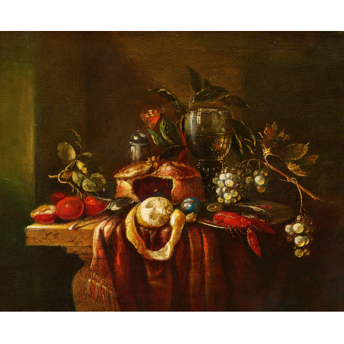 MATILDA CALZOLARI : Stillleben mit Kuchen, Fr�chten, Weinglas und Schmetterling (DOBIASCHOFSKY AUKTIONEN AG)