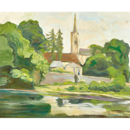 WILHELM GIMMI : Bretonische Flusslandschaft bei Pont-Croix mit Kirche (DOBIASCHOFSKY AUKTIONEN AG)