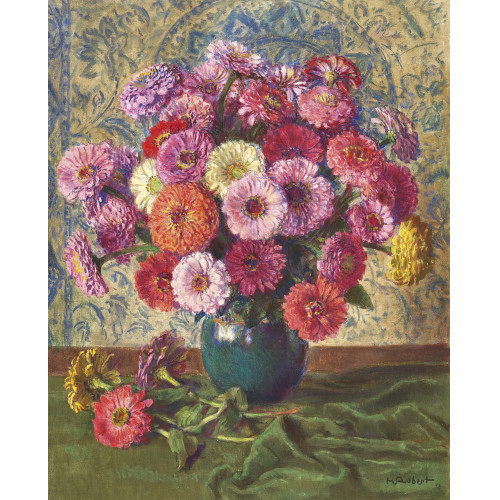 HENRI MARCEL ROBERT : 'Zinnias en velours vert' (DOBIASCHOFSKY AUKTIONEN AG)