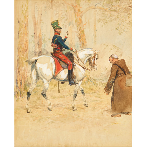 JEAN BAPTISTE �DOUARD DETAILLE : Un officier � cheval rencontrant un moine dans une for�t (DOBIASCHOFSKY AUKTIONEN AG)