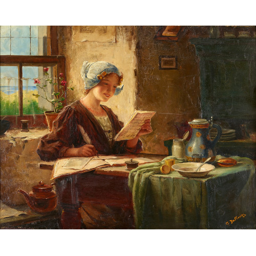 19. JH. HOLLAND : Interieur mit junger Frau beim Lesen und Schreiben (DOBIASCHOFSKY AUKTIONEN AG)