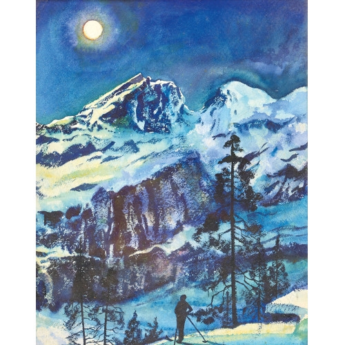 20. JH. SCHWEIZ : Winterlandschaft mit Skifahrer im Mondlicht (DOBIASCHOFSKY AUKTIONEN AG)