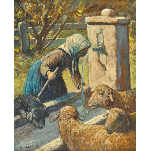 KARL SCHENK : Hirtenm�dchen und Schafe am Brunnen (DOBIASCHOFSKY AUKTIONEN AG)