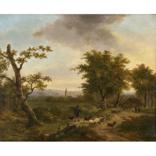 BAREND CORNELIS KOEKKOEK : Landschaftsidylle mit Schafen, Ziegen, Hirt und Kirche (DOBIASCHOFSKY AUKTIONEN AG)